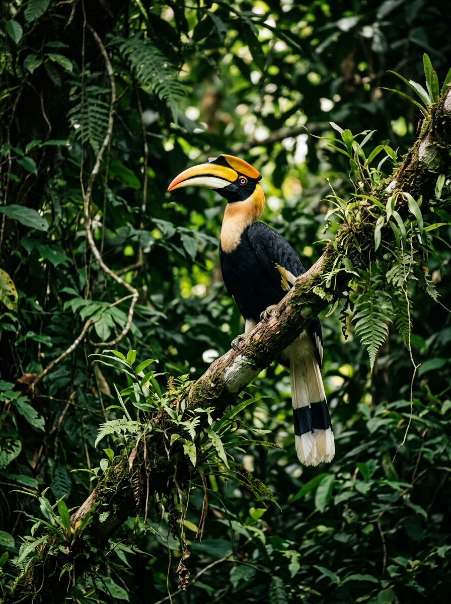 Vibrant Rhinoceros Hornbill perched on a jungle branch