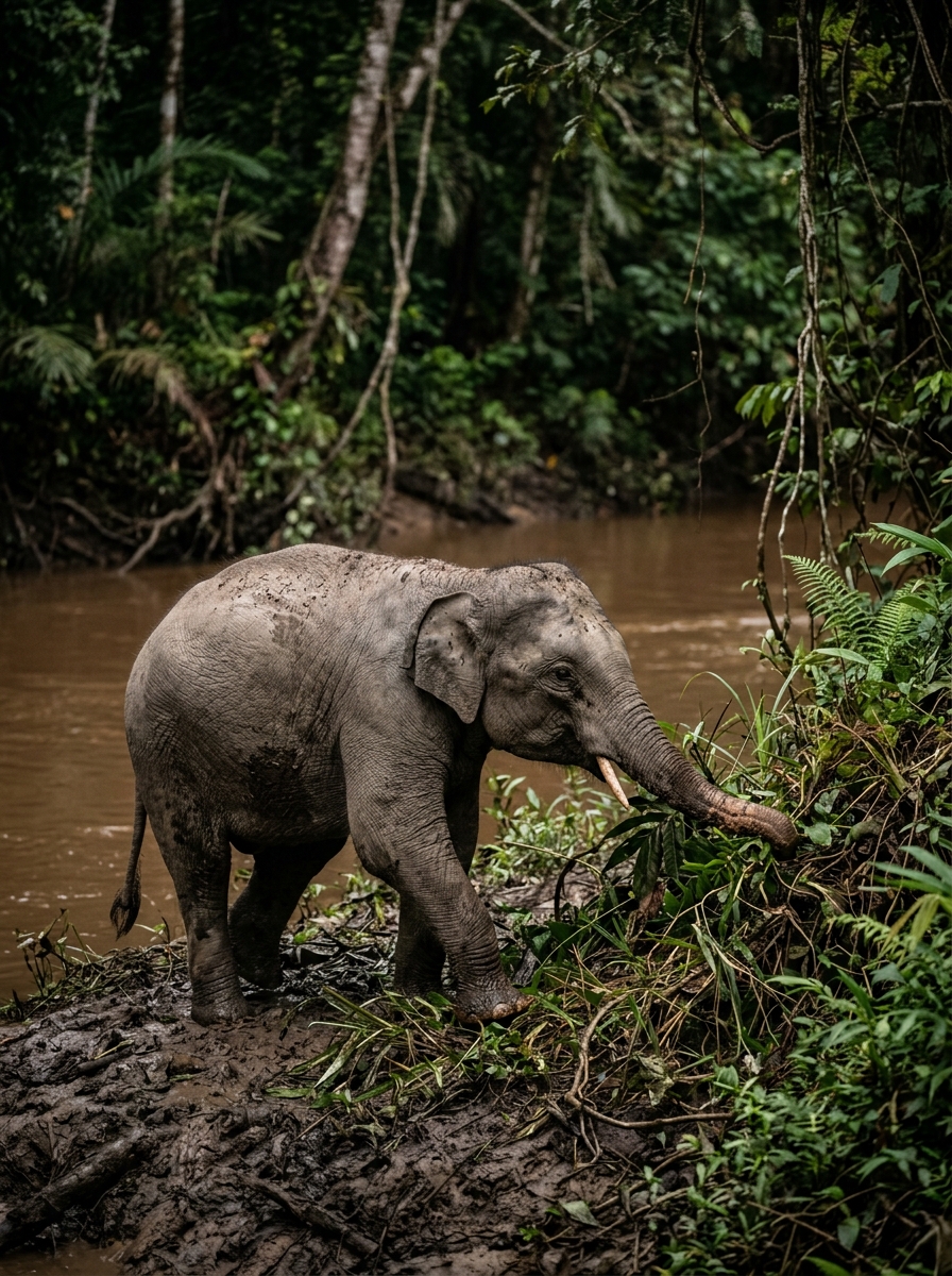 Borneo Pygmy Elephant walking by the Kinabatangan riverbank